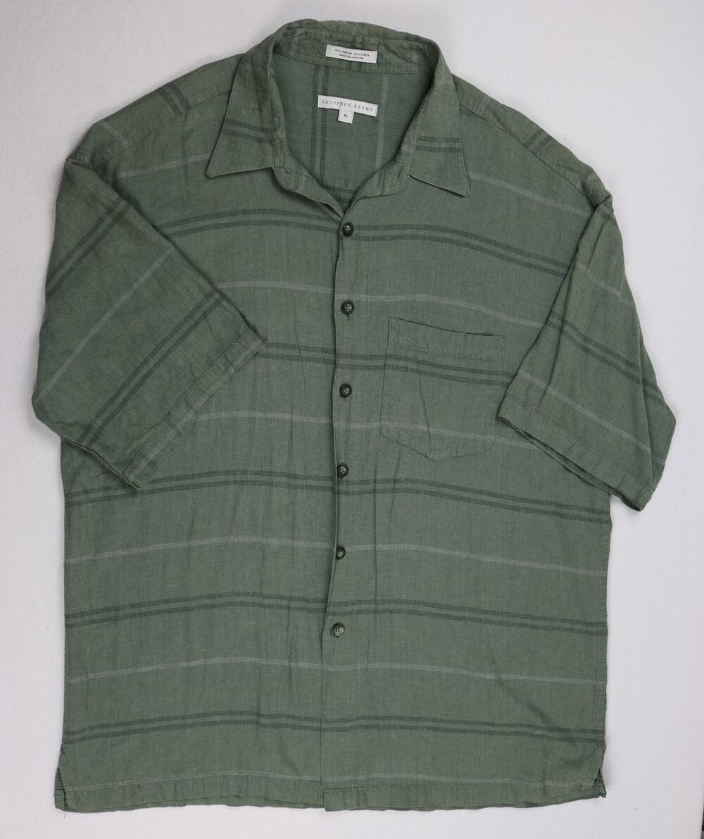 Vintage Geoffrey Beene Mens XL Short Sleeve Button Accent Polo Sage Green Stripe